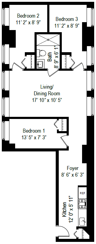 Floor plan for 3 beds, 1 bath, 706 sqft
